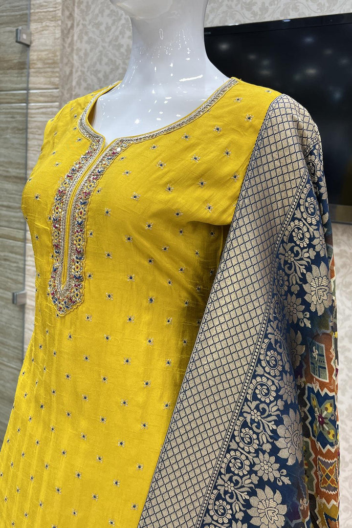 Yellow Zardozi, Mirror, Sequins and Zari work with Patola Print Straight Cut Salwar Suit - Seasons Chennai