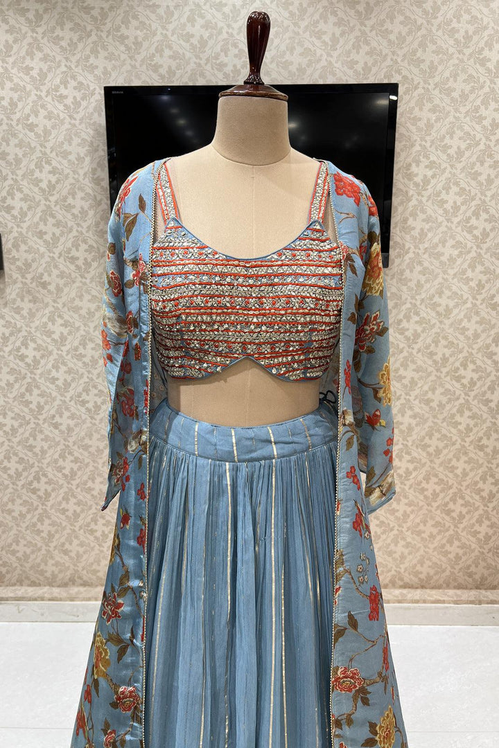Electric Blue Banaras work with Floral Print Long Overcoat Styled Crop Top Lehenga - Seasons Chennai