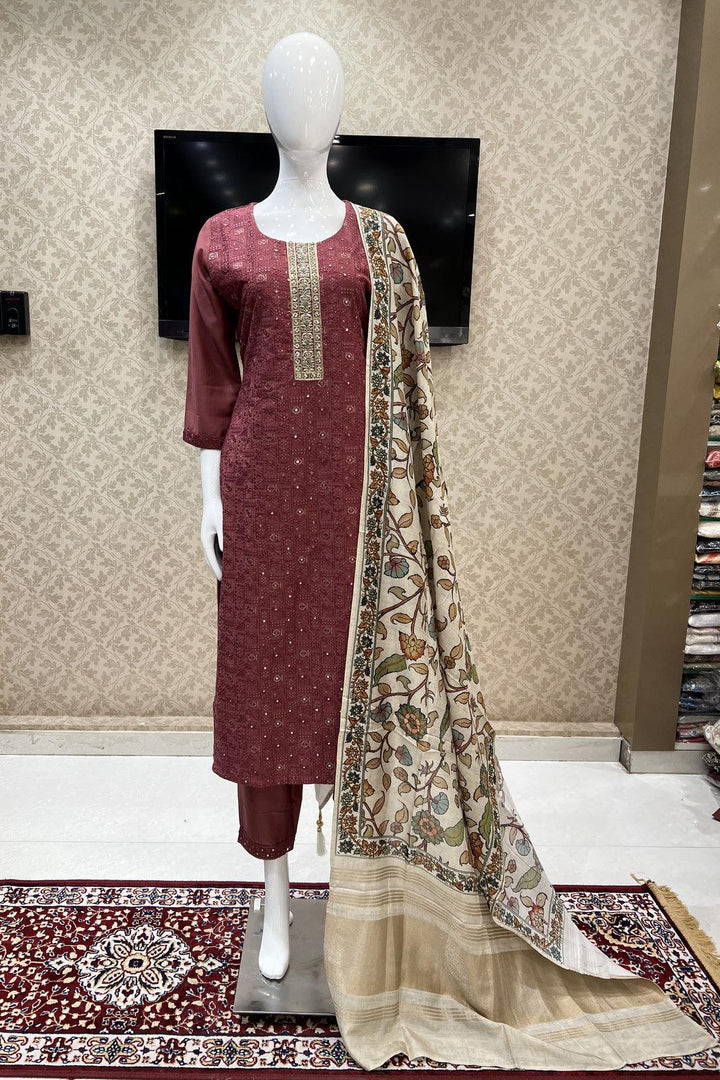 Dark Mauve Thread, Zari, Zardozi, Sequins and Beads work Straight Cut Salwar Suit - Seasons Chennai