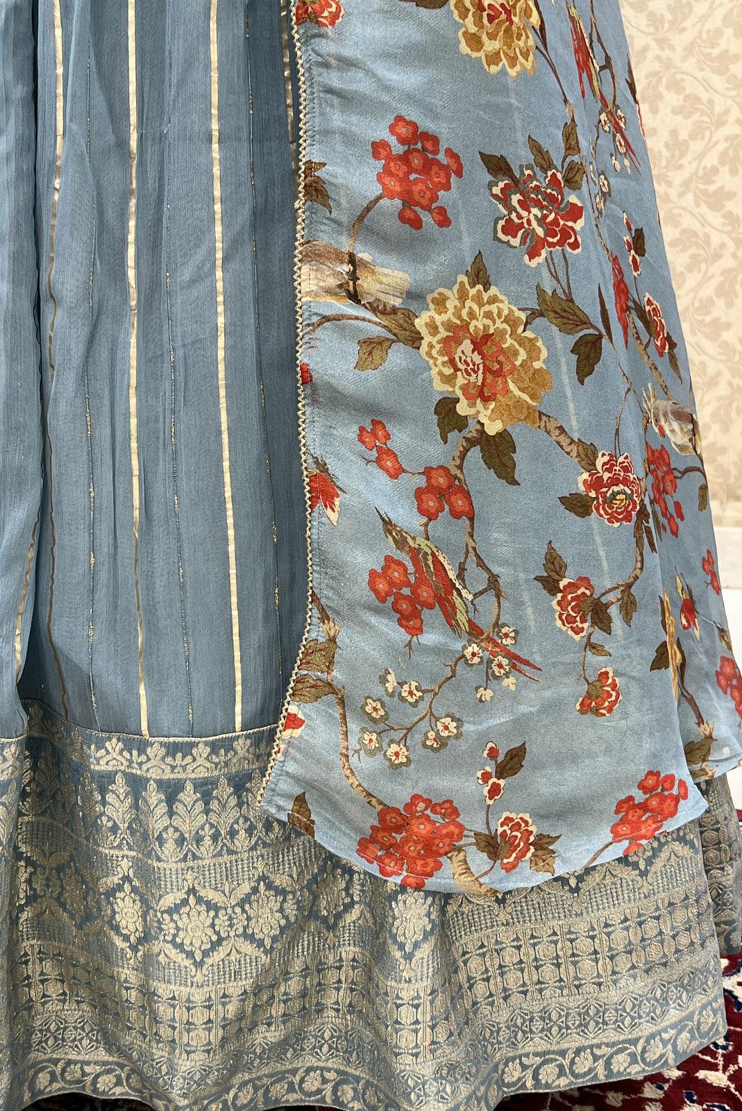 Electric Blue Banaras work with Floral Print Long Overcoat Styled Crop Top Lehenga - Seasons Chennai