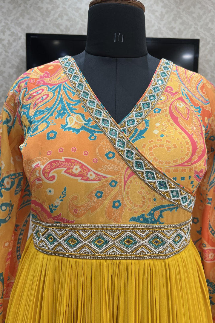 Yellow Printed, Mirror, Beads and Pearl work Floor Length Anarkali Suit - Seasons Chennai