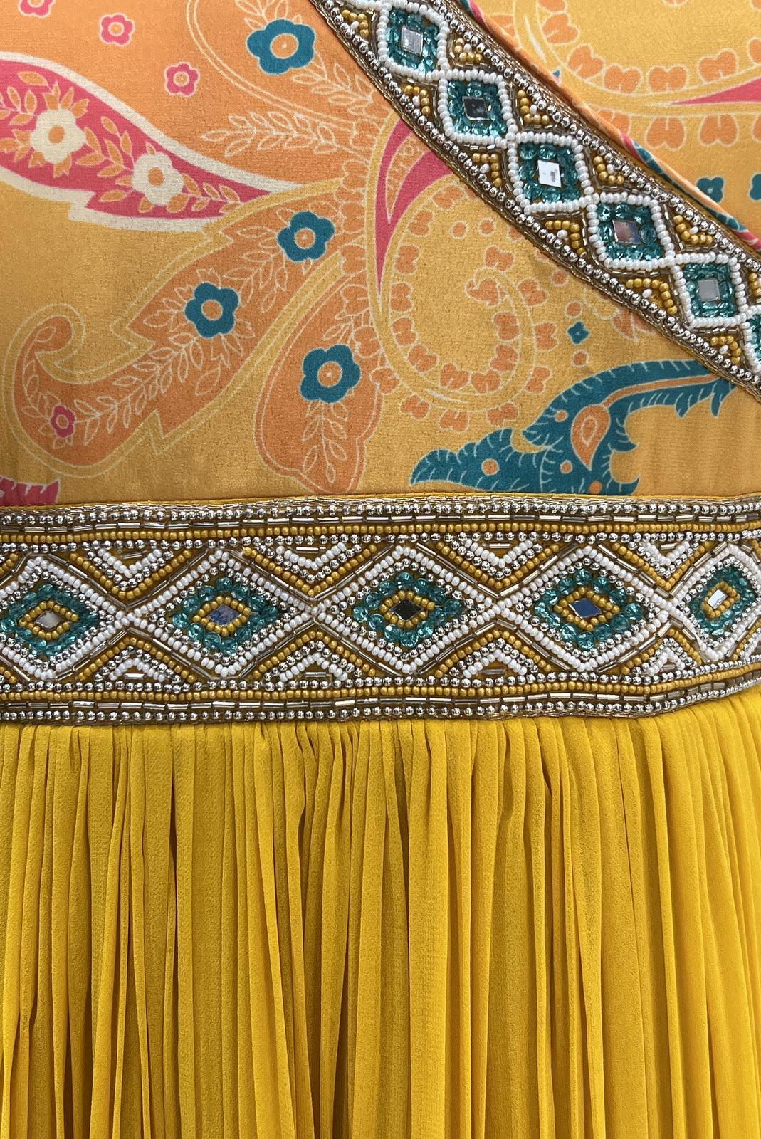 Yellow Printed, Mirror, Beads and Pearl work Floor Length Anarkali Suit - Seasons Chennai
