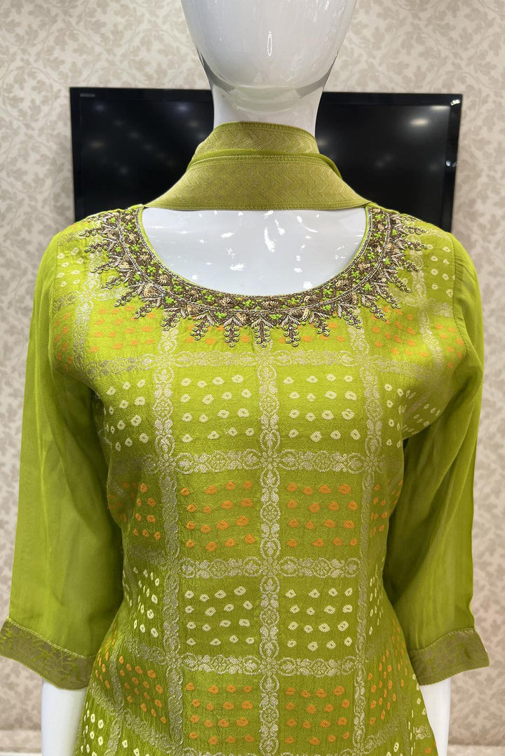 Parrot Green Banaras, Zari, Zardozi and Stone work Straight Cut Salwar Suit - Seasons Chennai