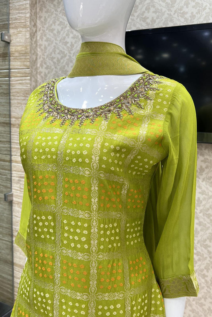 Parrot Green Banaras, Zari, Zardozi and Stone work Straight Cut Salwar Suit - Seasons Chennai