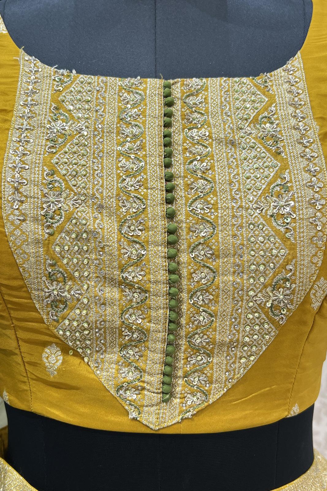 Mustard Banaras, Sequins and Thread work Crop Top Lehenga - Seasons Chennai