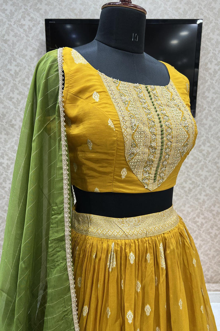Mustard Banaras, Sequins and Thread work Crop Top Lehenga - Seasons Chennai