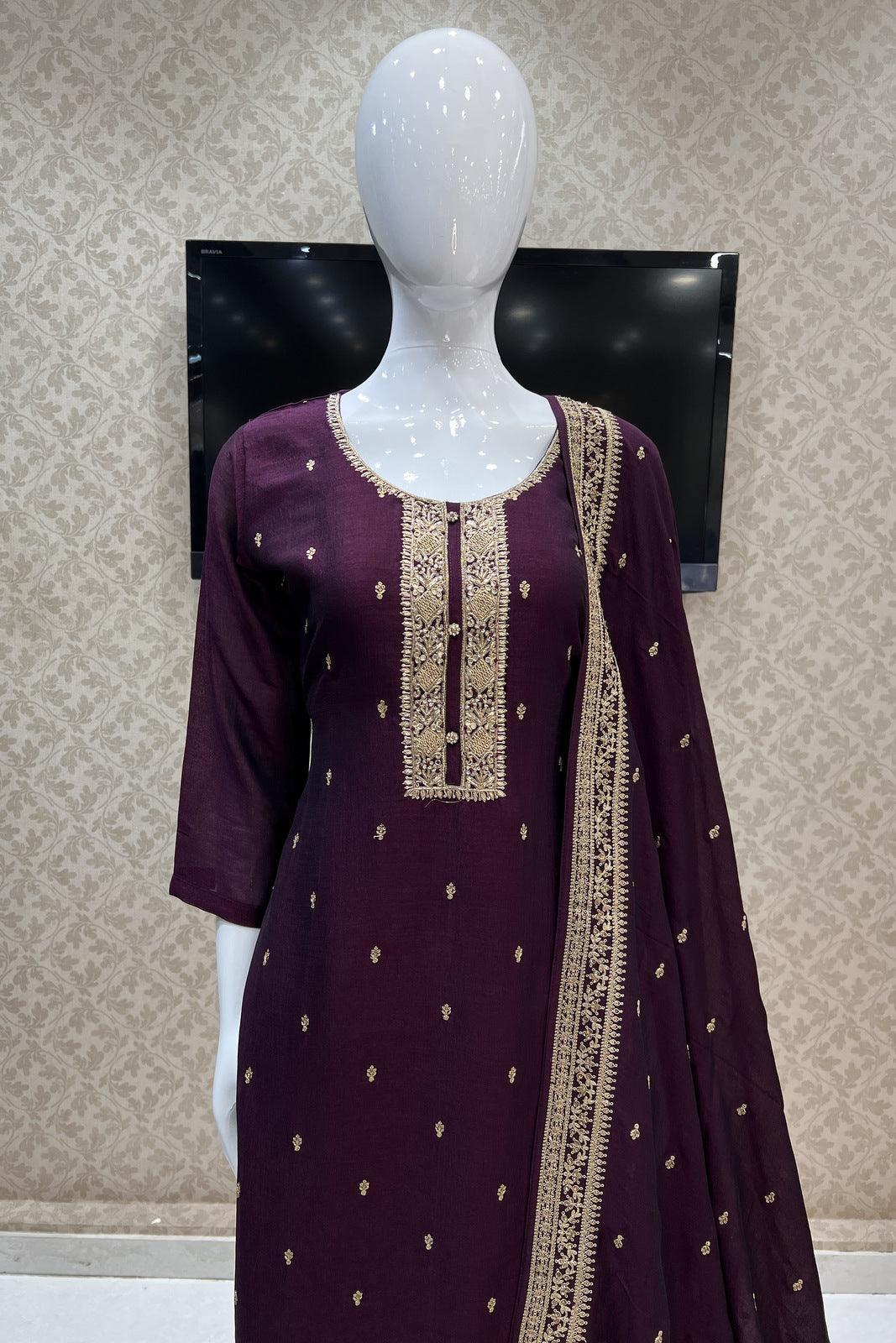 Wine Zardozi, Sequins and Zari work Straight Cut Salwar Suit - Seasons Chennai