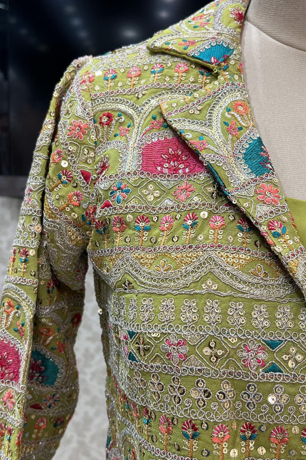 Mehendi Green Zari, Thread, Sequins and Mirror work Jacket Styled Floor Length Anarkali Suit - Seasons Chennai