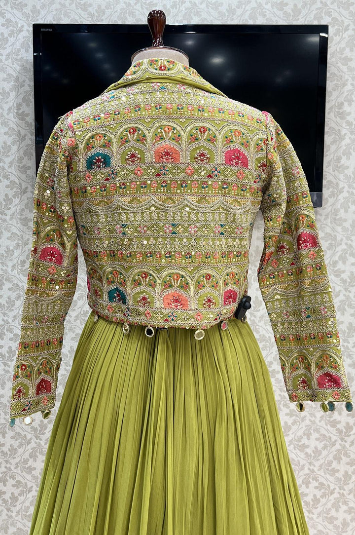 Mehendi Green Zari, Thread, Sequins and Mirror work Jacket Styled Floor Length Anarkali Suit - Seasons Chennai
