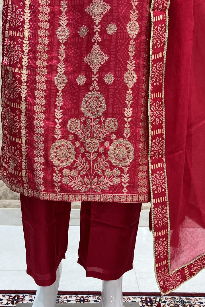 Rani Pink Banaras, Pearl and Sequins work with Bandini Print Straight Cut Salwar Suit - Seasons Chennai