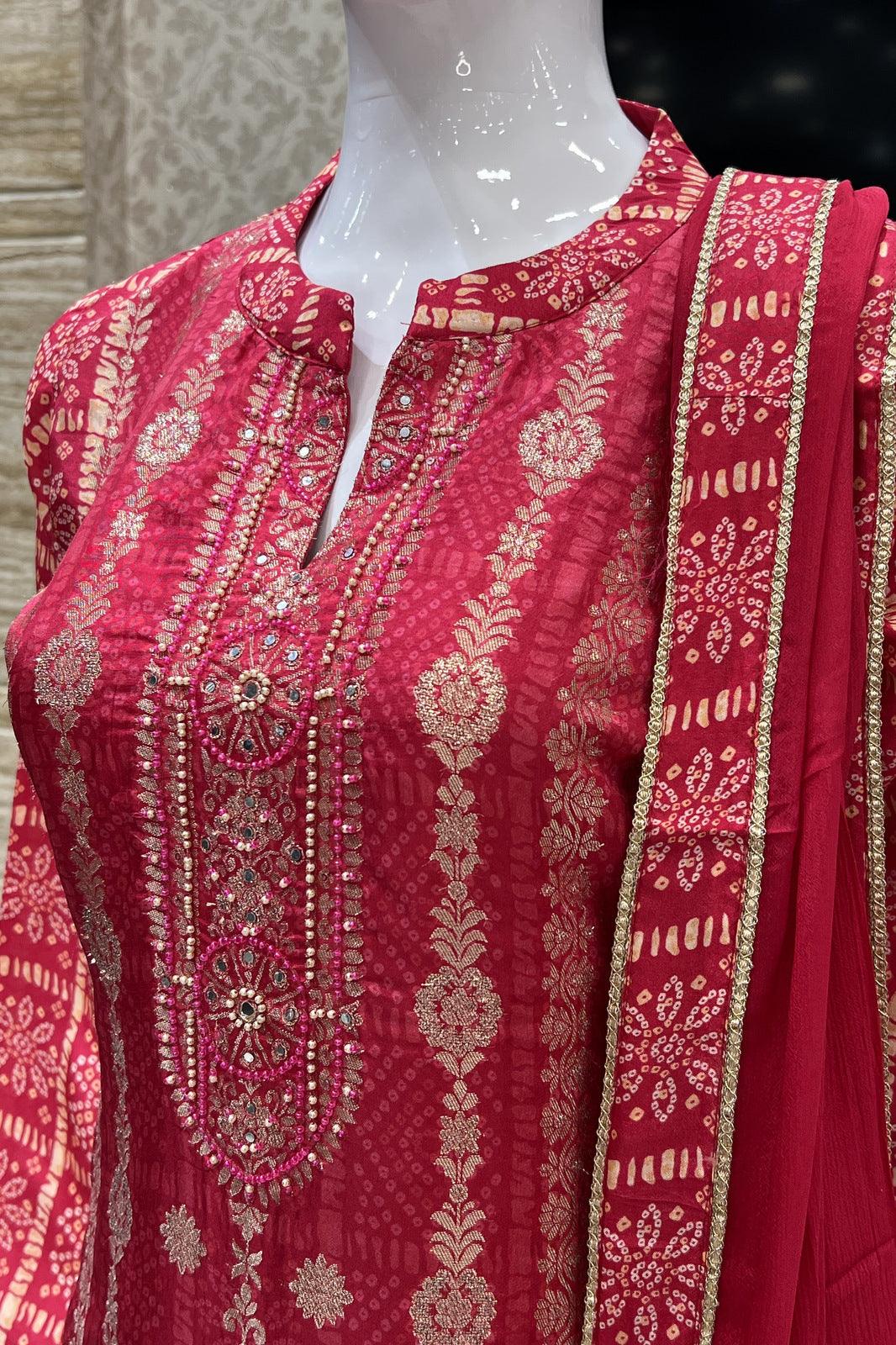 Rani Pink Banaras, Pearl and Sequins work with Bandini Print Straight Cut Salwar Suit - Seasons Chennai