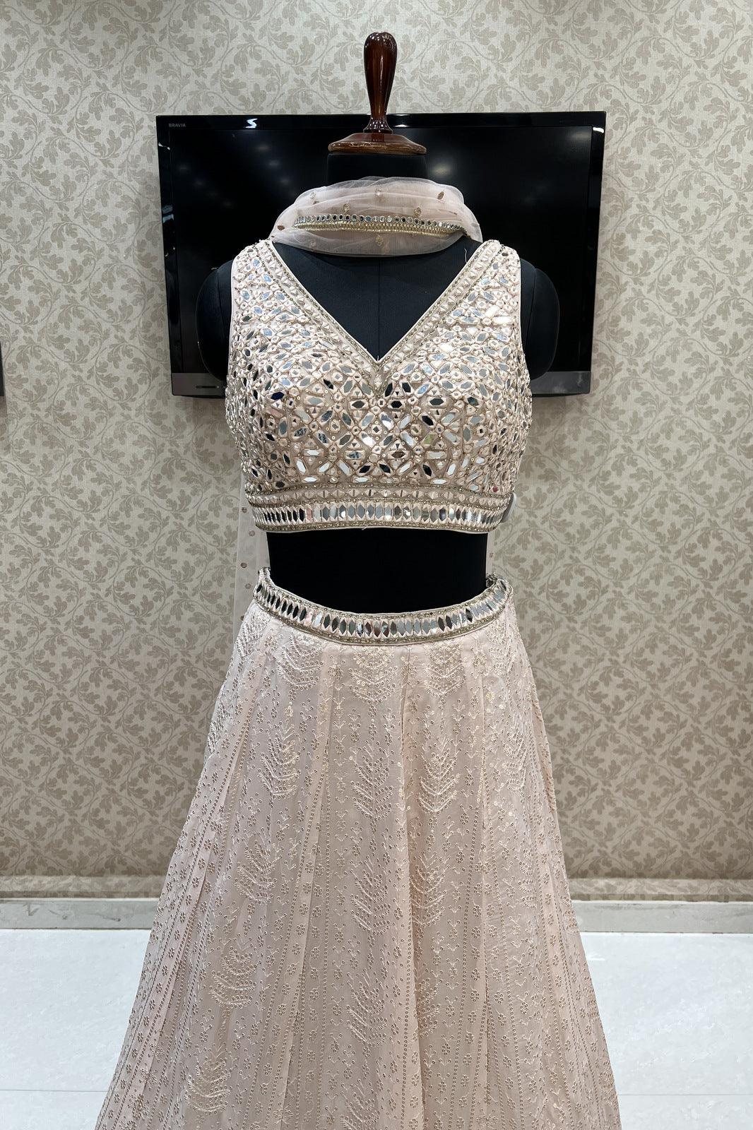 Peach Mirror, Stone, Thread and Sequins work Crop Top Lehenga - Seasons Chennai