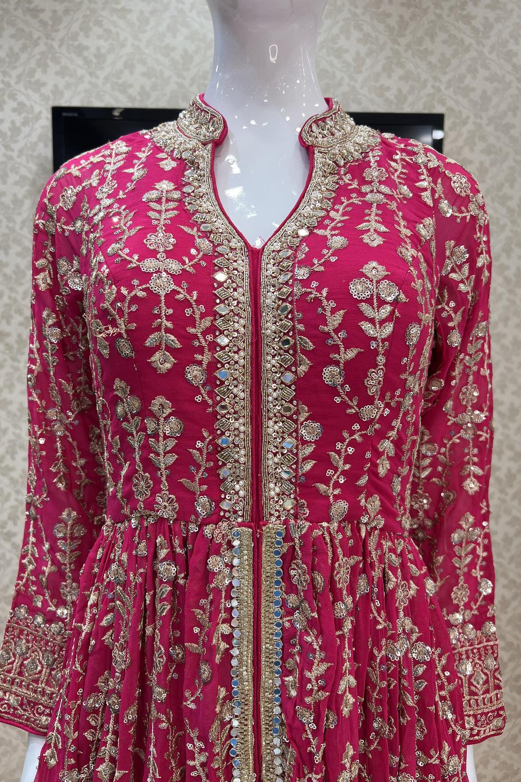 Rani Pink Sequins, Zari, Stone and Mirror Work Long Top with Straight Pant - Seasons Chennai