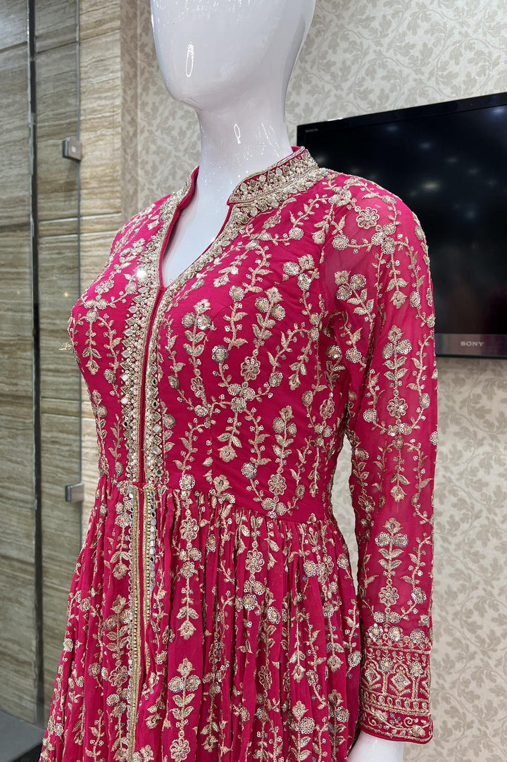 Rani Pink Sequins, Zari, Stone and Mirror Work Long Top with Straight Pant - Seasons Chennai