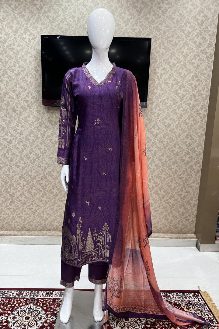 Purple Banaras work Straight Cut Salwar Suit with Printed Dupatta - Seasons Chennai