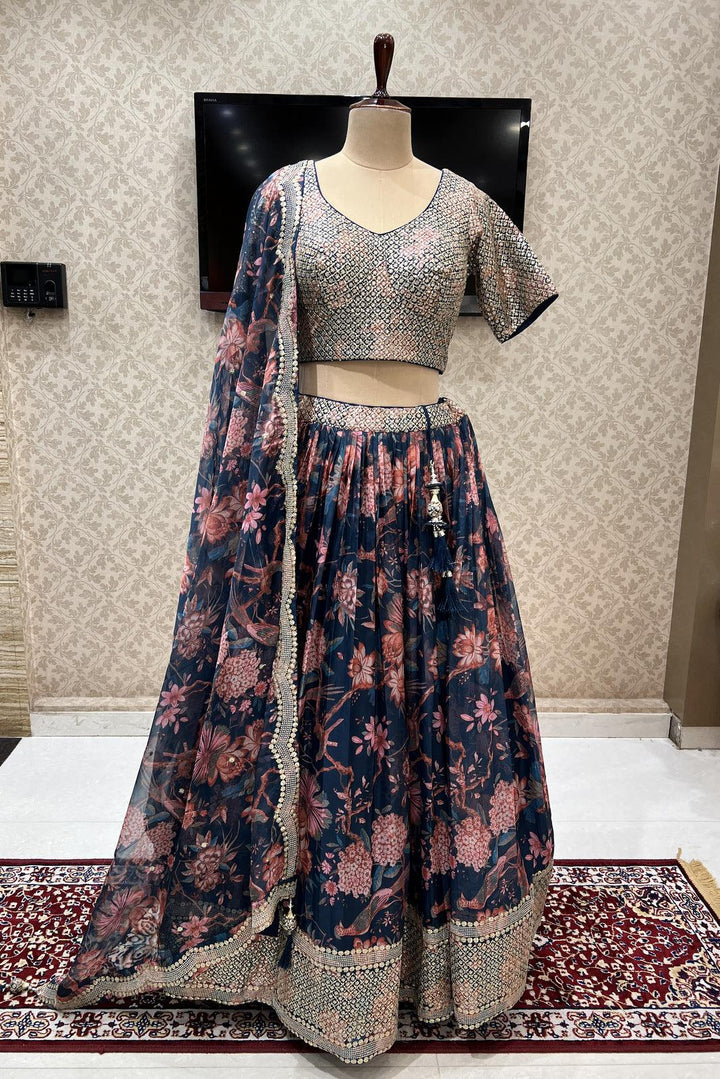 Peacock Blue Floral Print, Zari and Sequins work Organza Crop Top Lehenga - Seasons Chennai