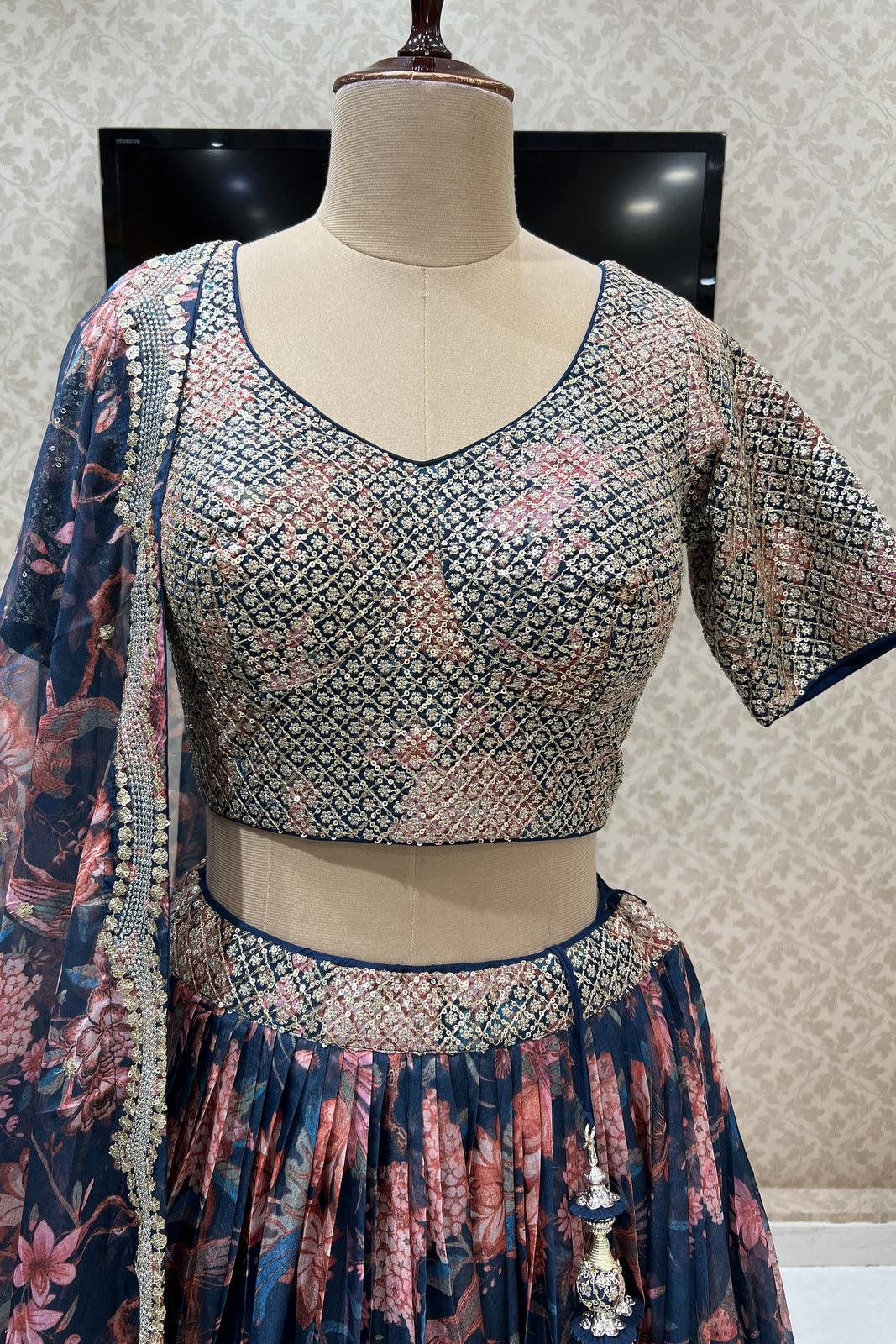 Peacock Blue Floral Print, Zari and Sequins work Organza Crop Top Lehenga - Seasons Chennai
