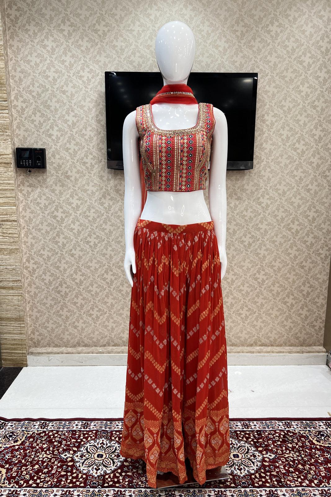 Brick Red Banaras, Sequins, Zari, Thread, Mirror, Stone and Zardozi work Crop Top with Palazzo Pant - Seasons Chennai
