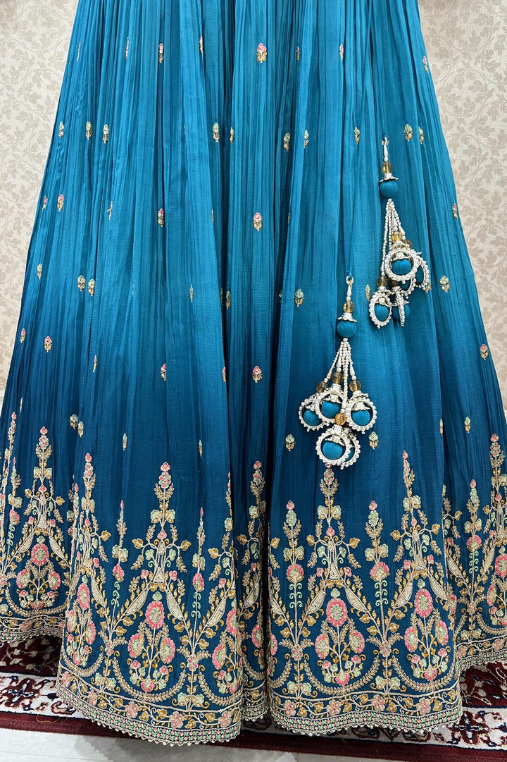 Rama Blue Bandini Print, Multicolor Embroidery, Mirror and Beads work Crop Top Lehenga - Seasons Chennai
