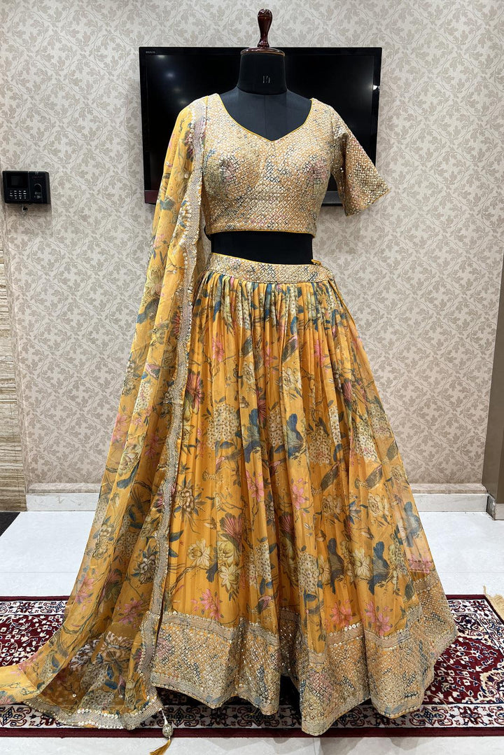 Yellow Floral Print, Zari and Sequins work Organza Crop Top Lehenga - Seasons Chennai