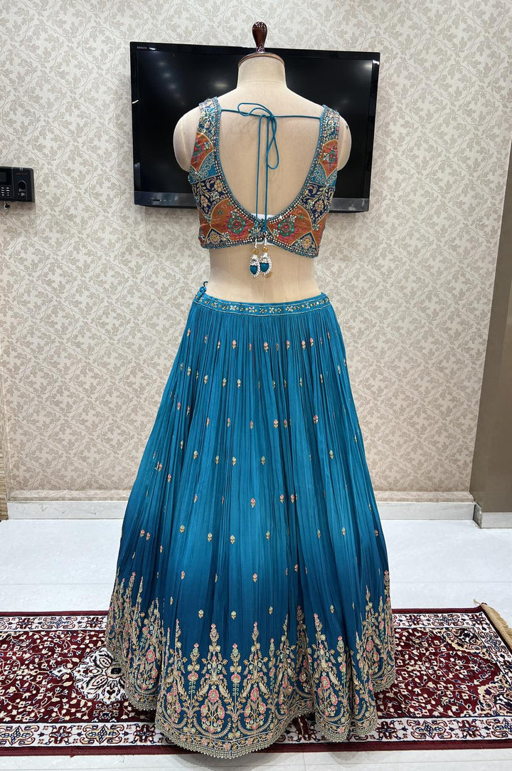 Rama Blue Bandini Print, Multicolor Embroidery, Mirror and Beads work Crop Top Lehenga - Seasons Chennai