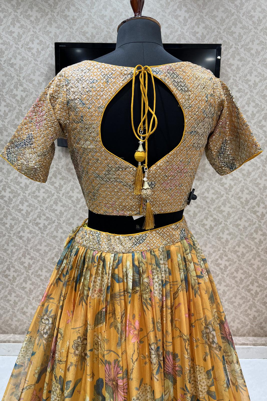 Yellow Floral Print, Zari and Sequins work Organza Crop Top Lehenga - Seasons Chennai