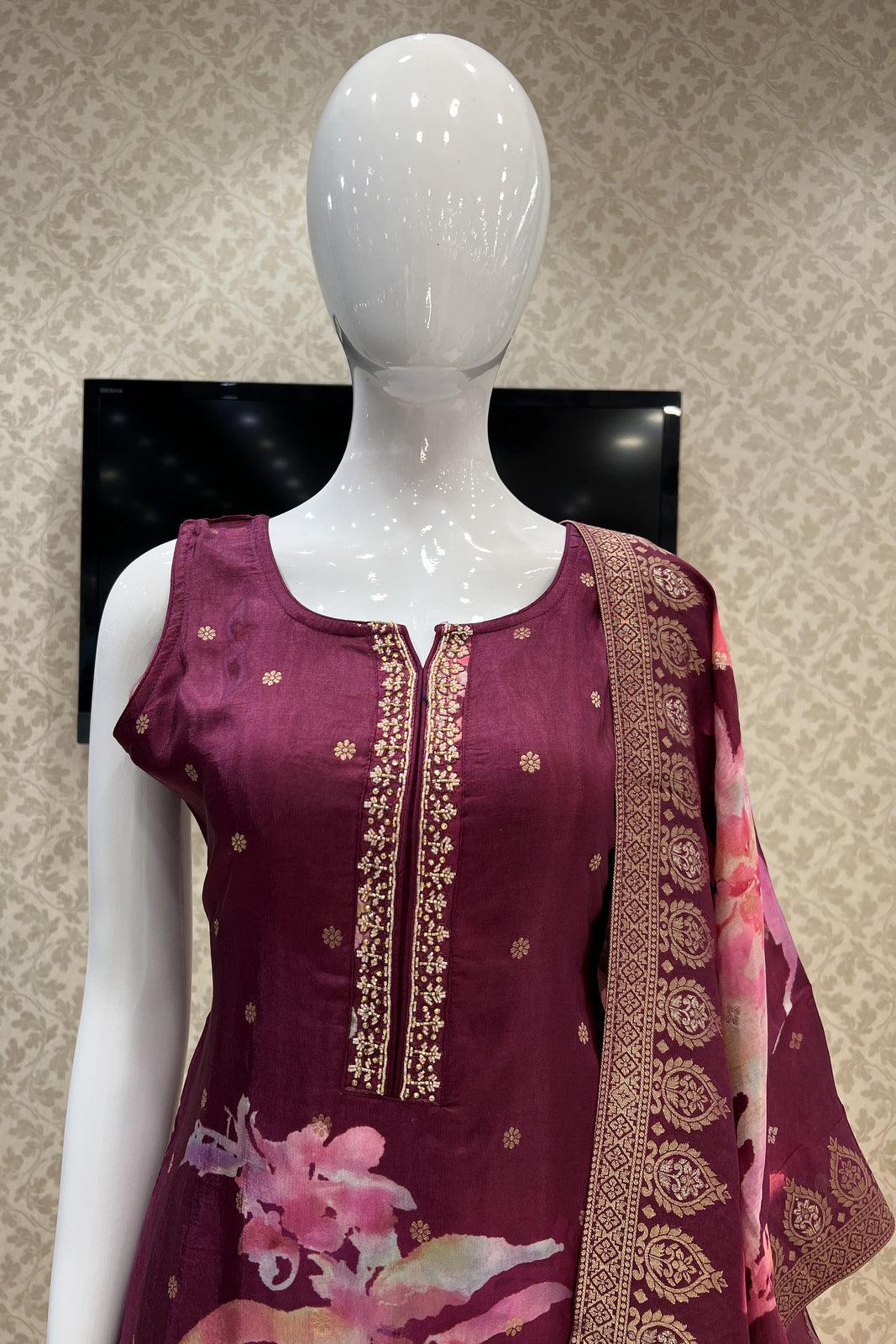 Wine Banaras, Beads and Stone work with Digital Print Straight Cut Salwar Suit - Seasons Chennai