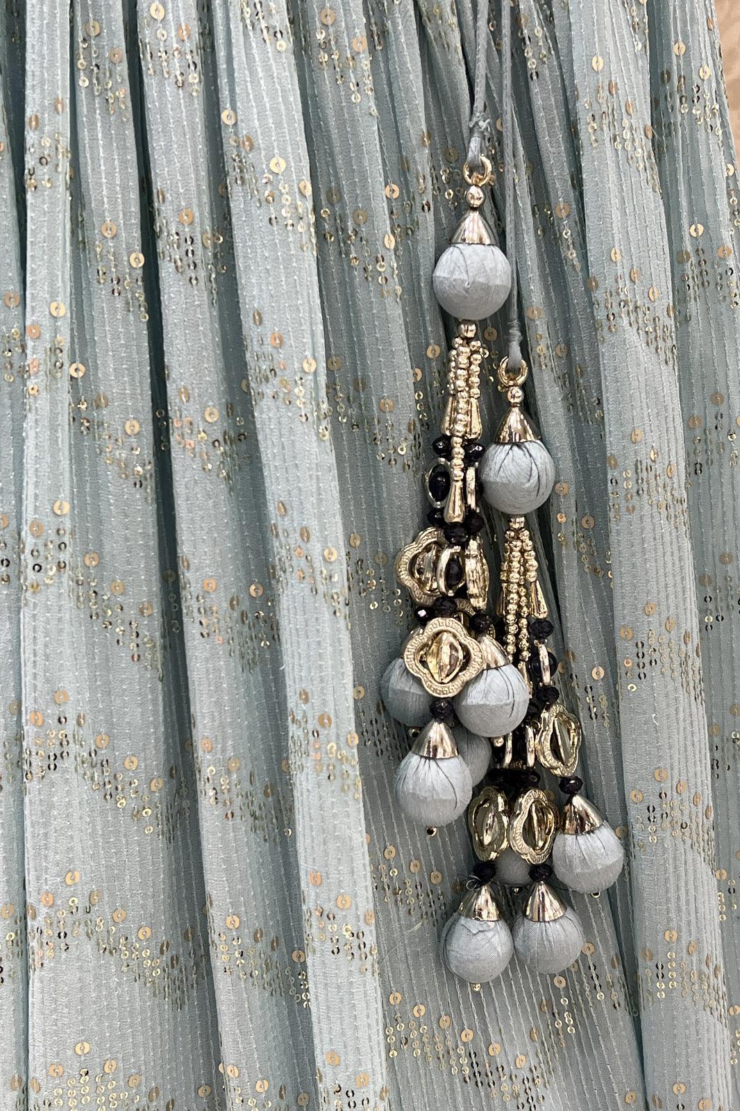 Sky Blue with Navy Blue Shaded Beads, Kundan, Mirror, Sequins and Thread work Crop Top Lehenga - Seasons Chennai