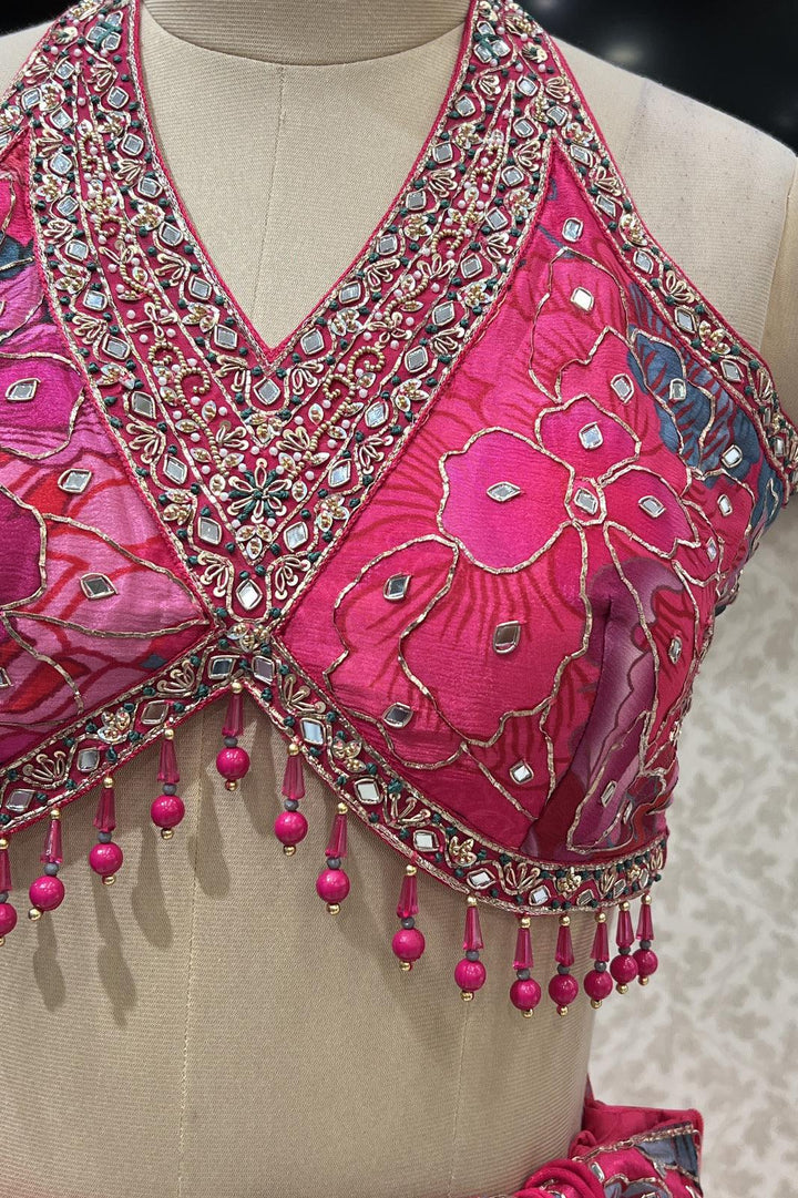 Pink Floral Print, Mirror and Zardozi work Crop Top Lehenga with Halter Neck - Seasons Chennai