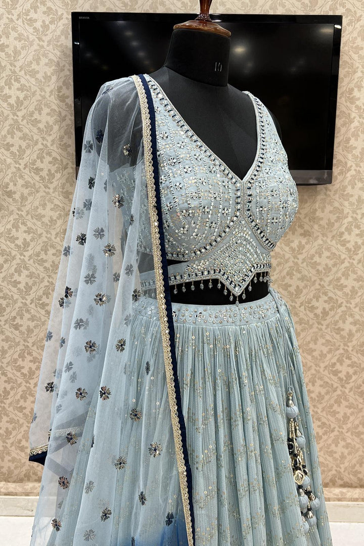 Sky Blue with Navy Blue Shaded Beads, Kundan, Mirror, Sequins and Thread work Crop Top Lehenga - Seasons Chennai
