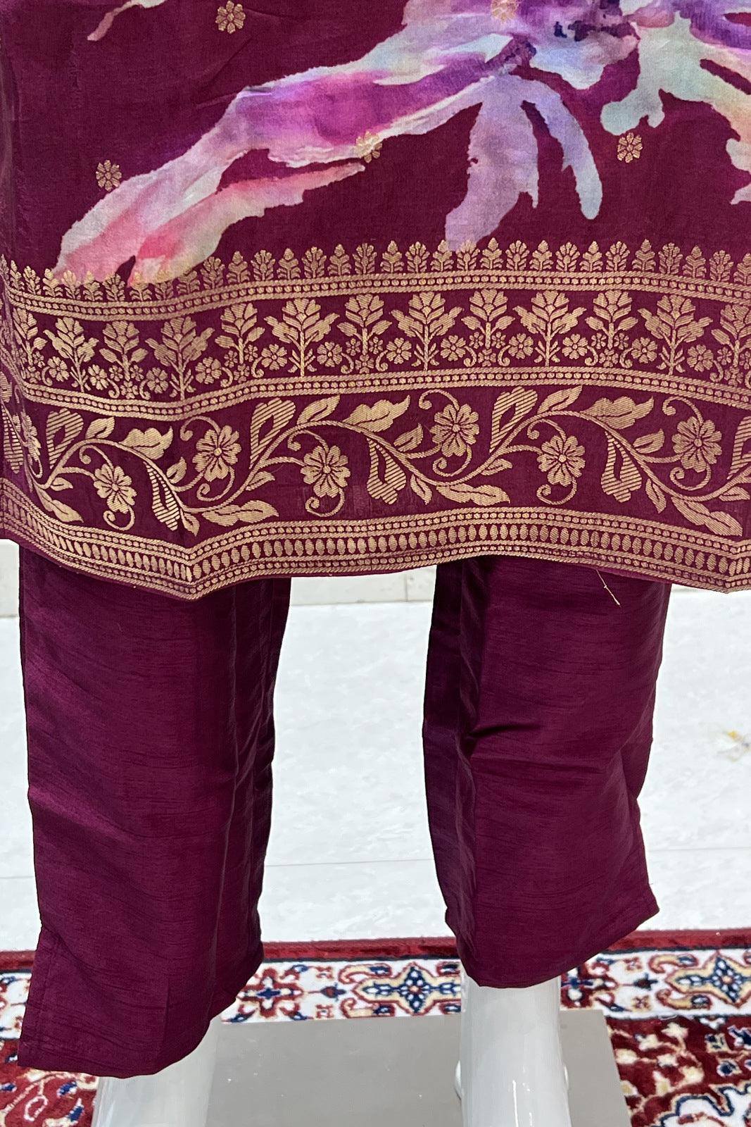 Wine Banaras, Beads and Stone work with Digital Print Straight Cut Salwar Suit - Seasons Chennai