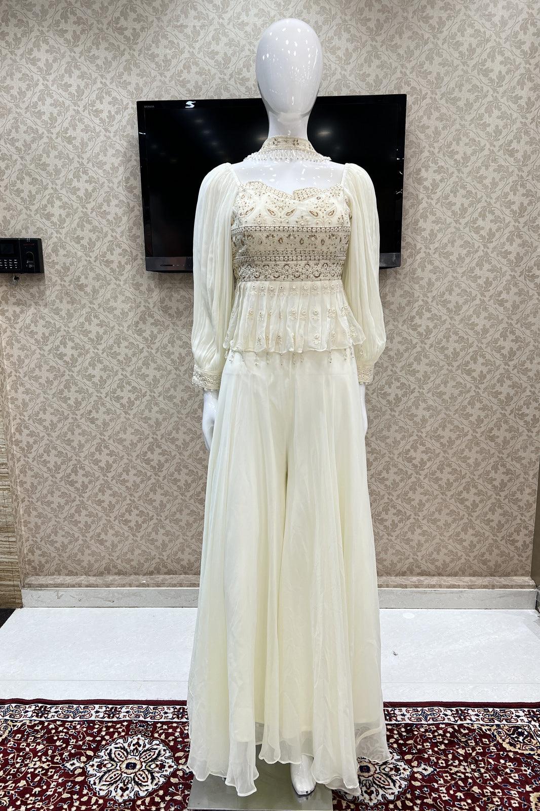 Cream Lucknowi Thread and Beads work Peplum Top with Palazzo Suit Set - Seasons Chennai