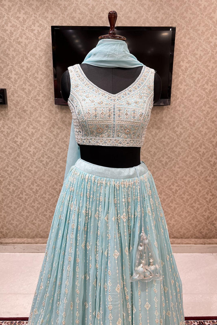 Light Blue Mirror, Stone, Sequins, Thread and Beads work Crop Top Lehenga - Seasons Chennai