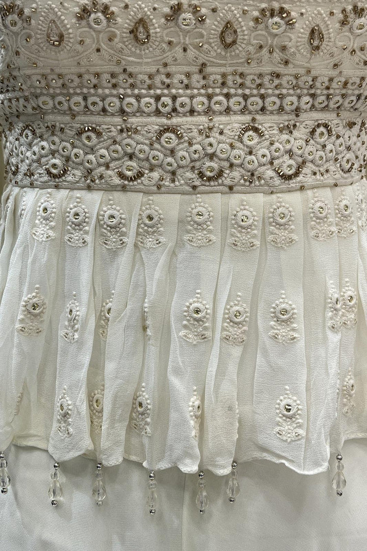 Cream Lucknowi Thread and Beads work Peplum Top with Palazzo Suit Set - Seasons Chennai
