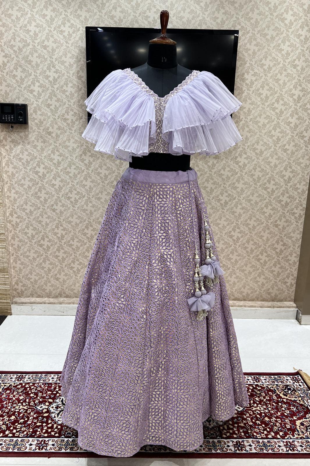 Purple Sequins, Beads, Stone, Thread and Zari work Crop Top Lehenga - Seasons Chennai