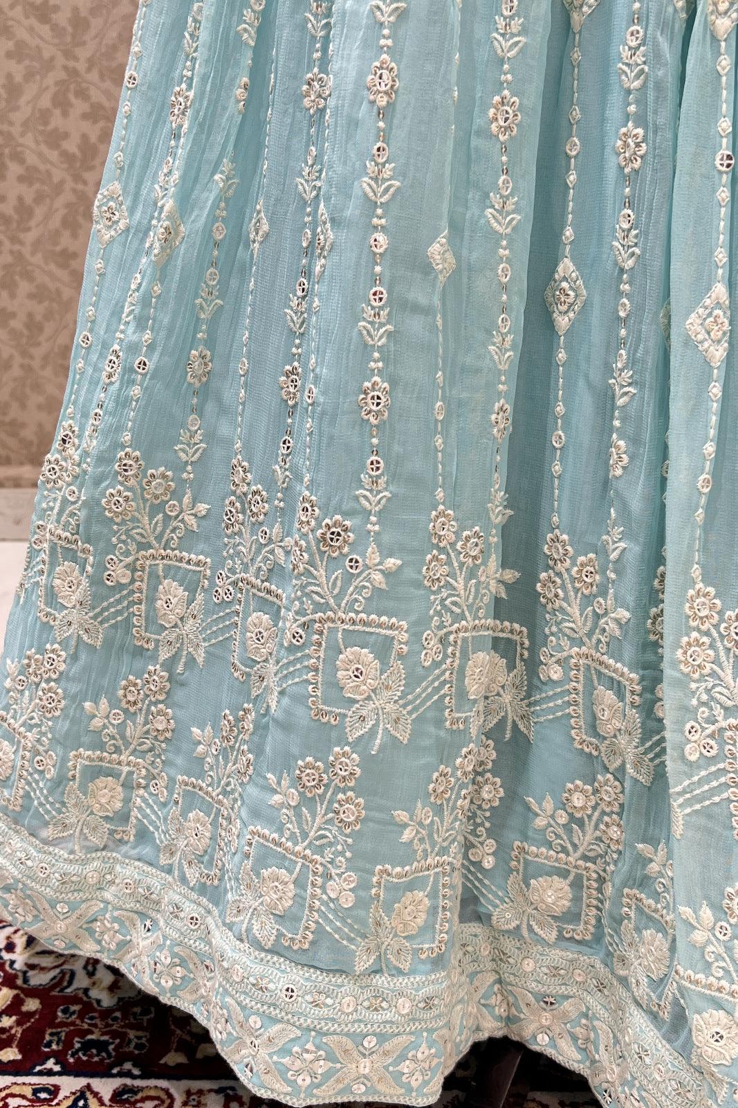 Light Blue Mirror, Stone, Sequins, Thread and Beads work Crop Top Lehenga - Seasons Chennai