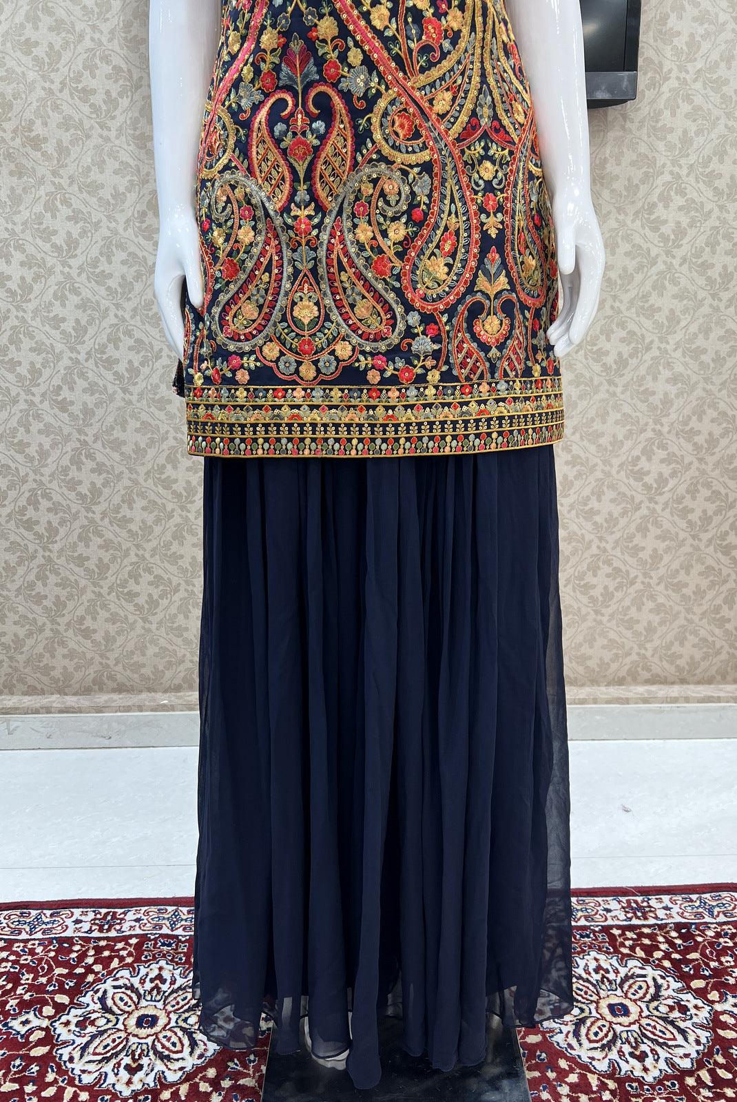 Navy Blue Multicolor Embroidery, Sequins, Mirror, Stone and Zardozi work Palazzo Suit Set - Seasons Chennai