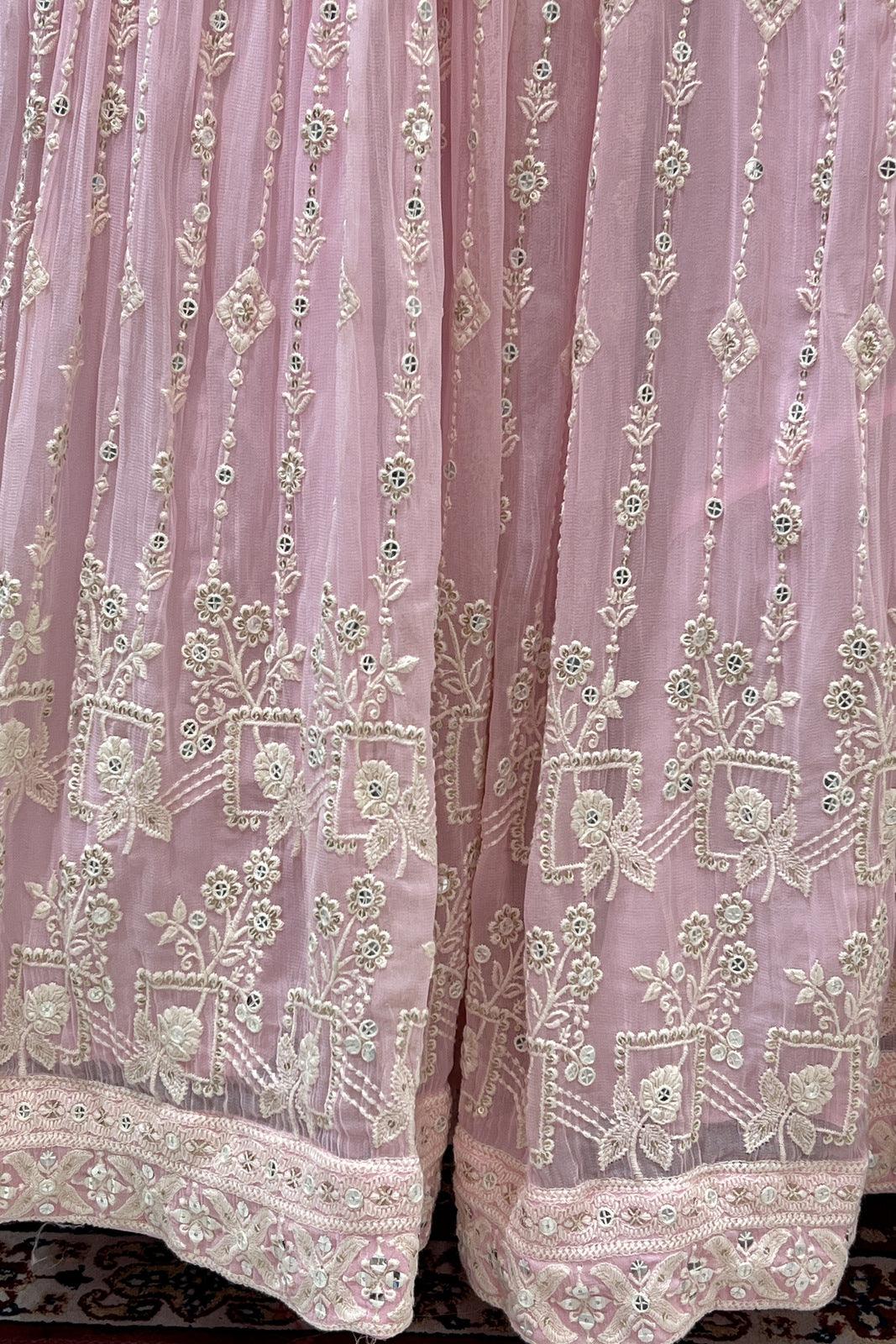 Baby Pink Mirror, Stone, Sequins, Thread and Beads work Crop Top Lehenga - Seasons Chennai