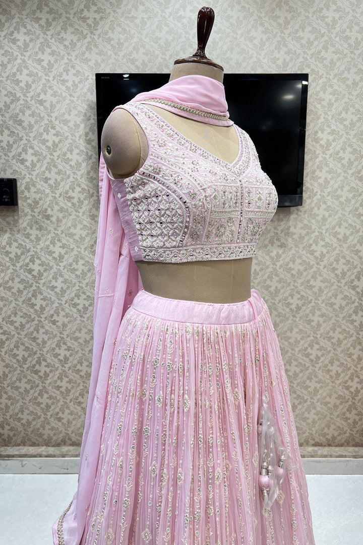 Baby Pink Mirror, Stone, Sequins, Thread and Beads work Crop Top Lehenga - Seasons Chennai