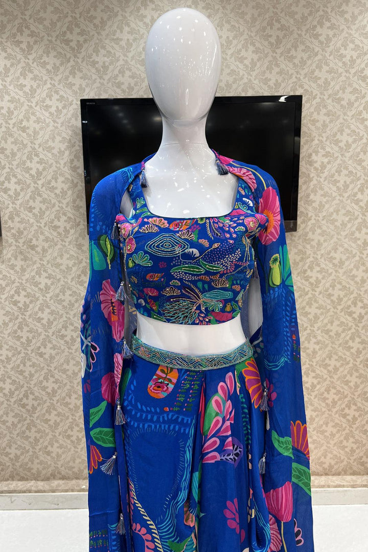 Blue Beads and Sequins work with Digital Print Overcoat and Dhoti Styled Crop Top Set - Seasons Chennai