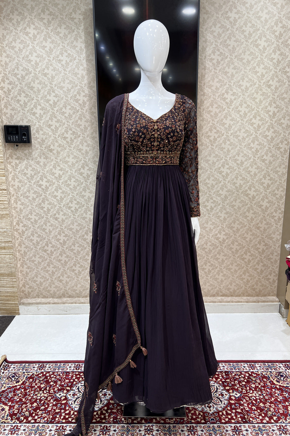 Wine Embroidery and Beads work Floor Length Anarkali Suit