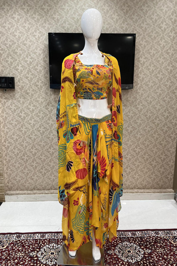 Yellow Beads and Sequins work with Digital Print Overcoat and Dhoti Styled Crop Top Set - Seasons Chennai