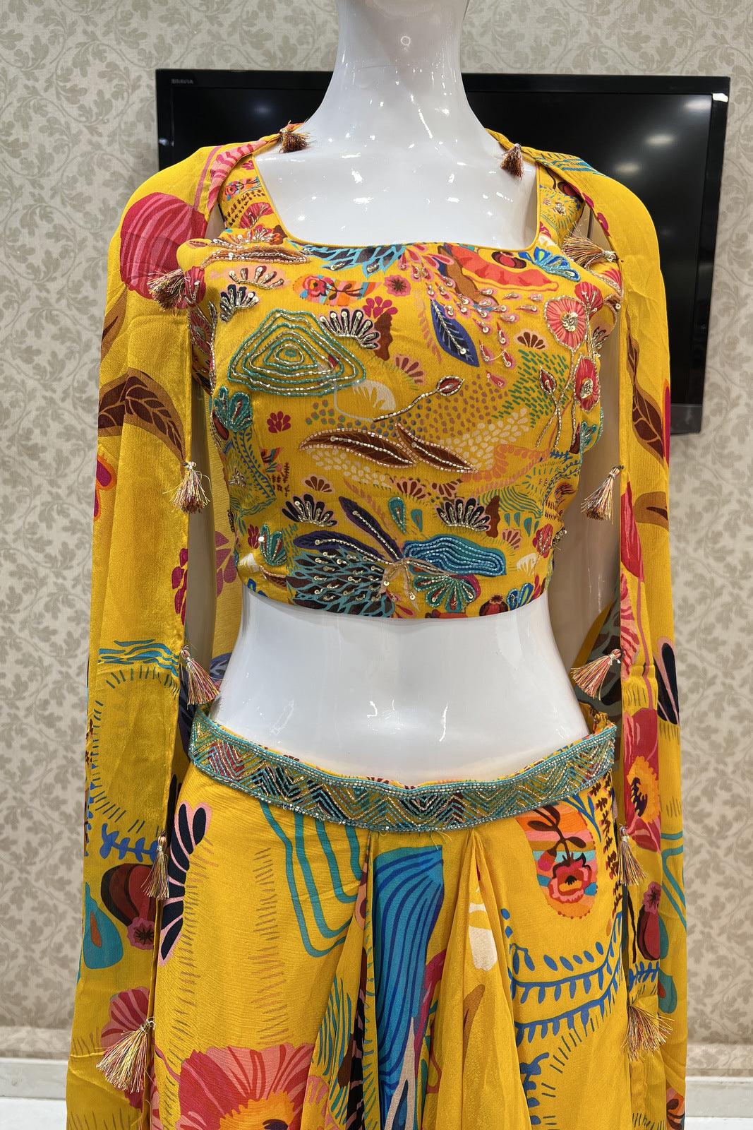 Yellow Beads and Sequins work with Digital Print Overcoat and Dhoti Styled Crop Top Set - Seasons Chennai