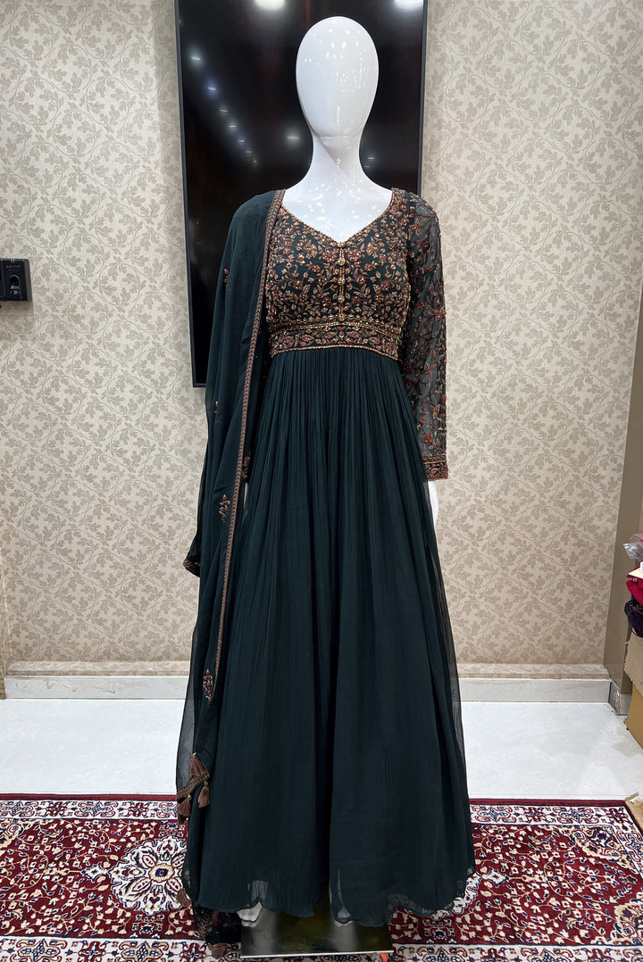 Bottle Green Embroidery and Beads work Floor Length Anarkali Suit