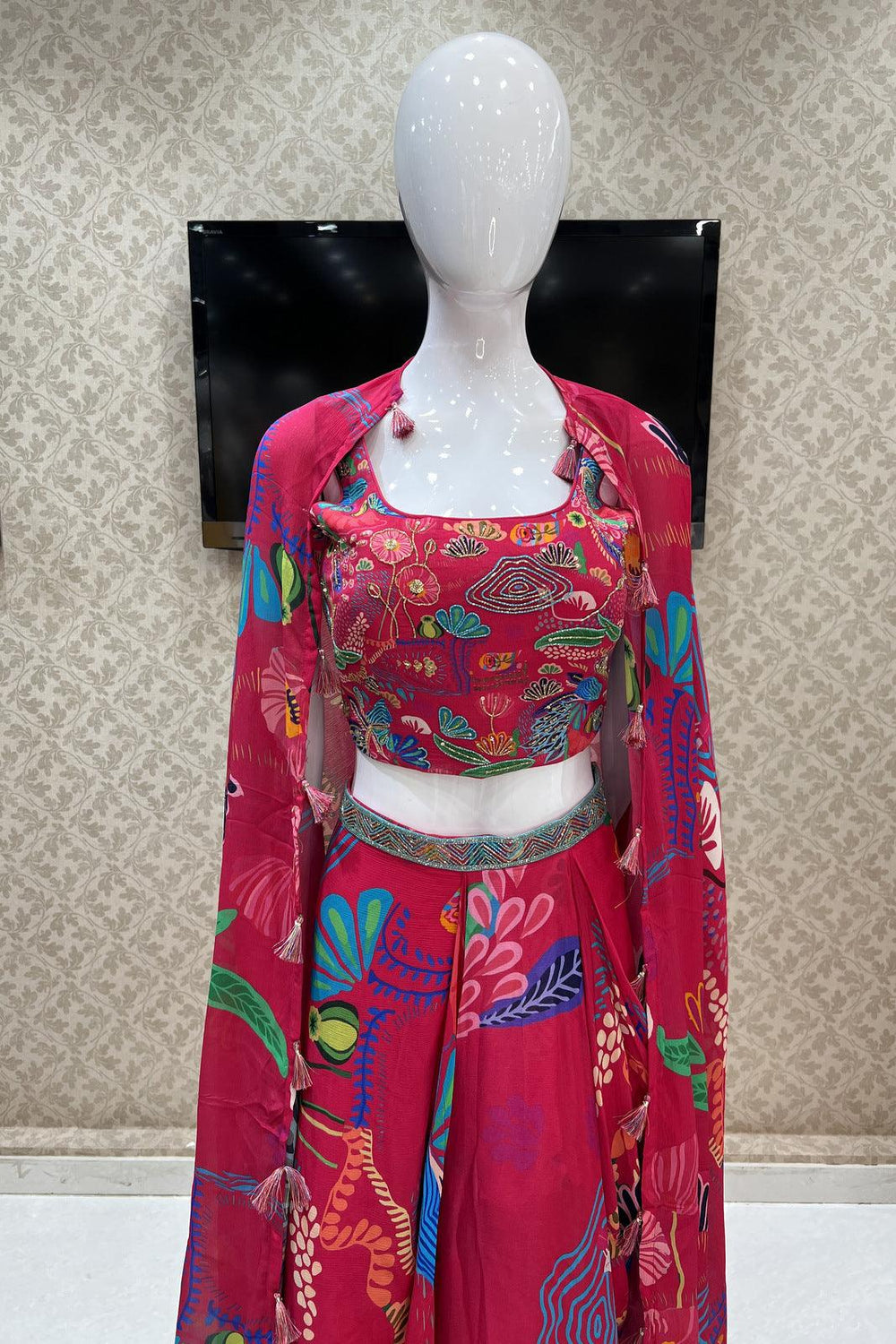 Rani Pink Beads and Sequins work with Digital Print Overcoat and Dhoti Styled Crop Top Set - Seasons Chennai