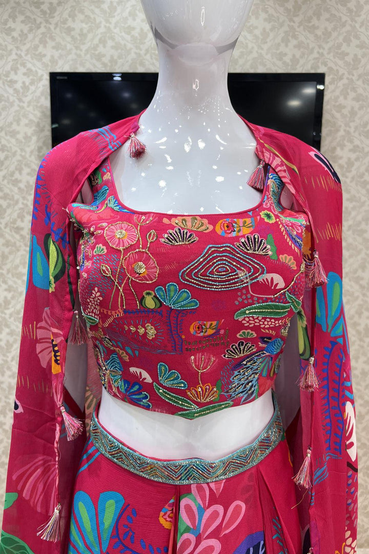 Rani Pink Beads and Sequins work with Digital Print Overcoat and Dhoti Styled Crop Top Set - Seasons Chennai