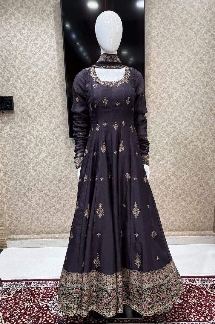 Dark Lilac Zardozi, Zari, Beads and Stone work with Digital Print Floor Length Anarkali Suit