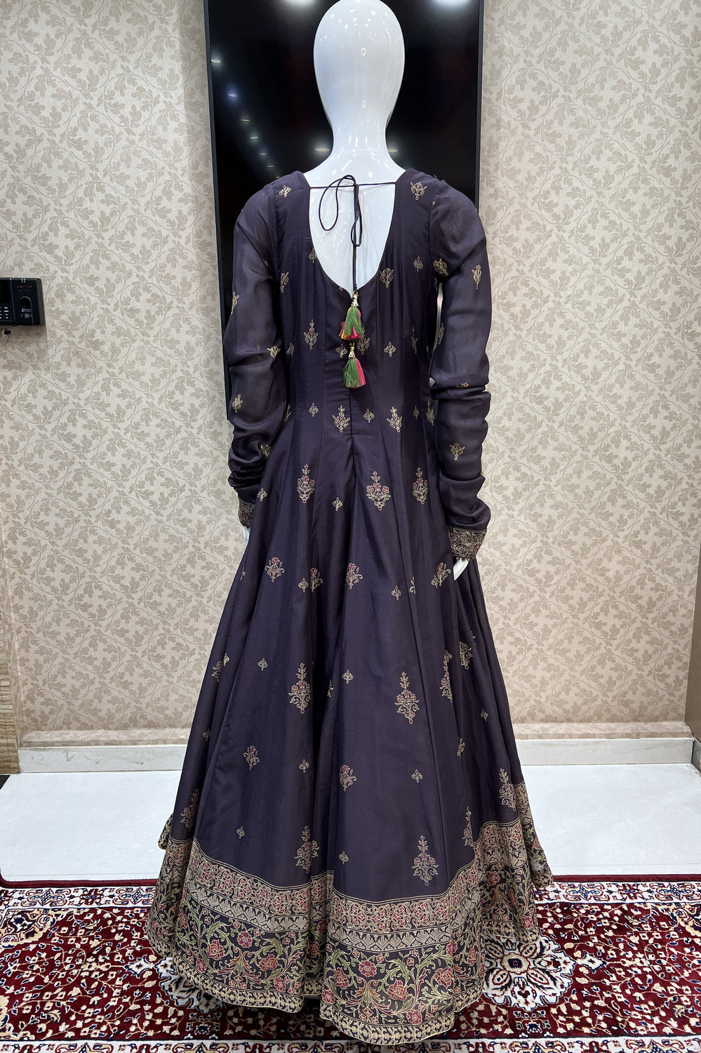 Dark Lilac Zardozi, Zari, Beads and Stone work with Digital Print Floor Length Anarkali Suit