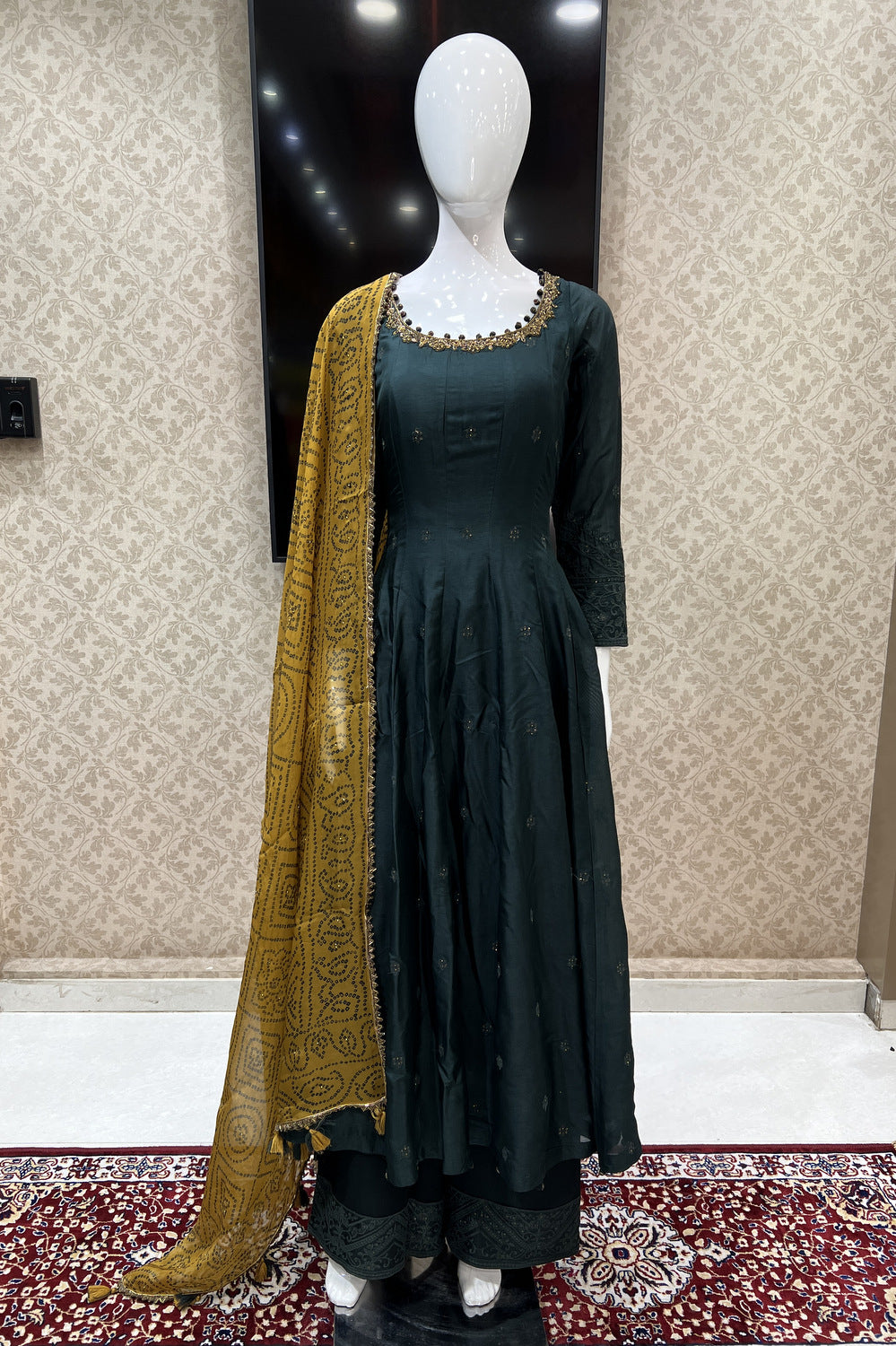 Bottle Green Thread and Sequins work Anarkali Style Salwar Suit with Palazzo Pant
