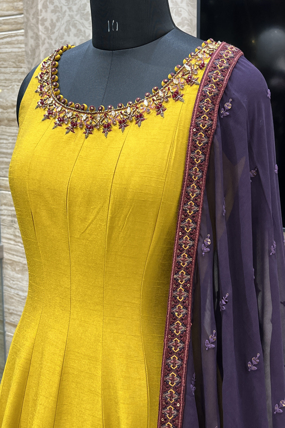 Yellow with Navy Blue Embroidery and Beads work Floor Length Anarkali Suit